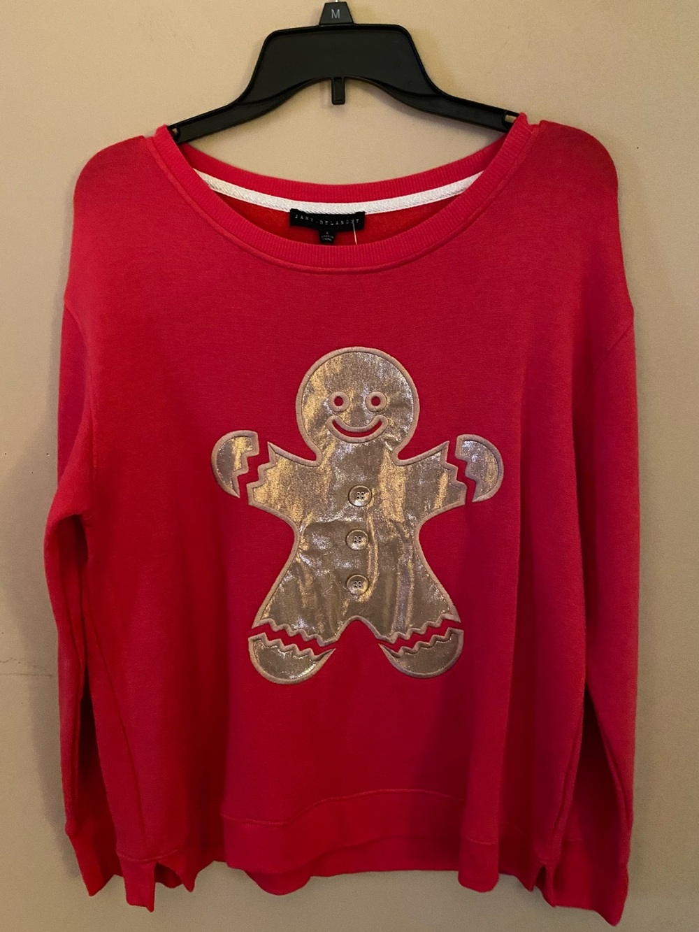 Jane + Delancey Lightweight Red Sweatshirt Gold Gingerbread Man Appliqué